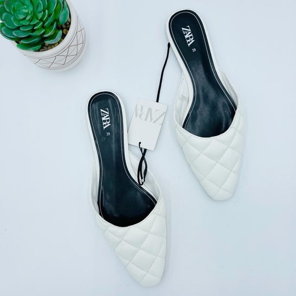 Zara Shoes - NEW ZARA QUILTED WHITE POINT FLAT MULES
